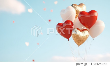Elegant Red and Gold Heart Balloons Floating in the Sky Elegant Red and Gold Heart Balloons Floating in the Sky 128424038