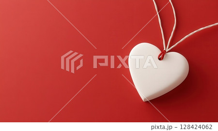 Hanging White Heart Shaped on Red Background 128424062