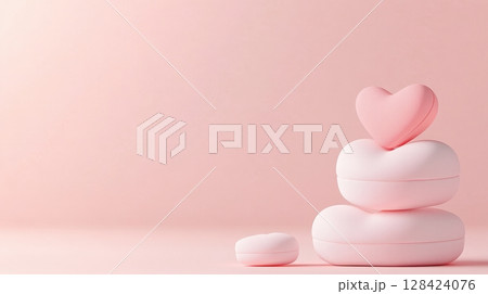 Pink Heart Shapes Stacked on Pastel Background with Copy Space 128424076