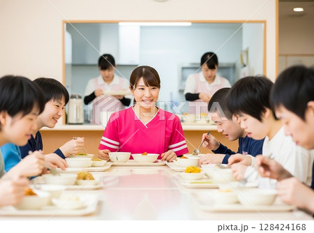 障がい者施設で食事を配膳する笑顔の女性介護士 配膳、ランチタイム、給食、食事、楽しみ 128424168