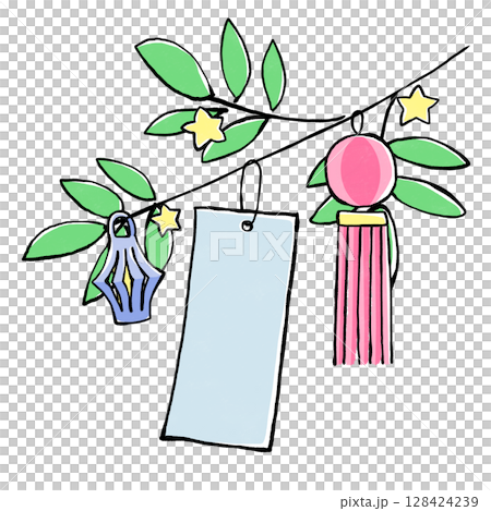 七夕裝飾與七夕竹葉特寫插畫 128424239