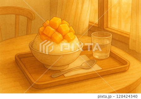 Mango Bingsu Served in Cafe by Window Mango Bingsu Served in Cafe by Window 128424340