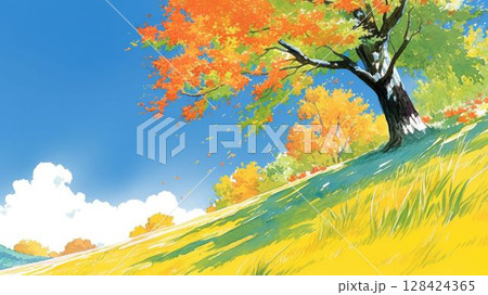 青空と紅葉の木が美しい秋の丘のイラスト_4 128424365