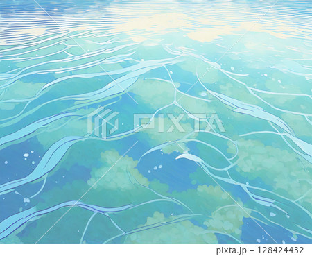 水草が見える穏やかな水辺。AI生成画像。 128424432