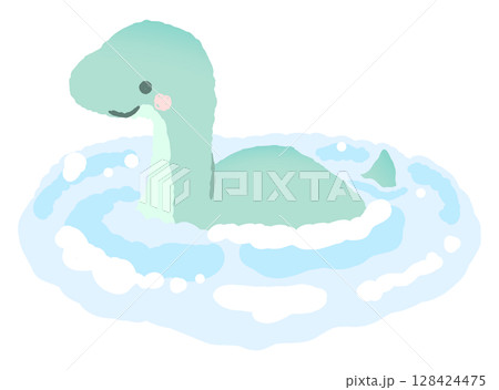 湖を泳ぐかわいいネッシー（前向き）のイラスト 128424475
