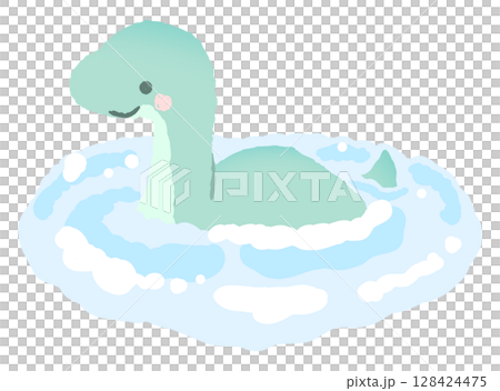一隻可愛的尼斯湖水怪（面向前方）在湖中游泳的插圖 128424475