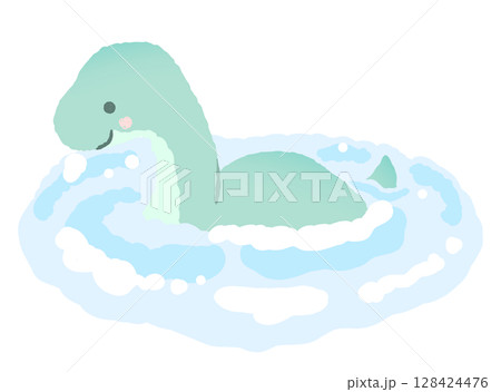 湖を泳ぐかわいいネッシーのイラスト 128424476