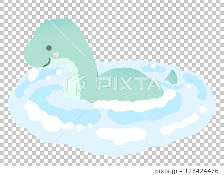 湖を泳ぐかわいいネッシーのイラスト 128424476