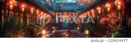 A narrow, lantern-lit alleyway in a traditional Chinese building. 128424477
