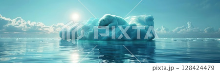 Polar bear resting on large iceberg, focus on, copy space, frosty colors, Double exposure silhouette with arctic landscape 128424479