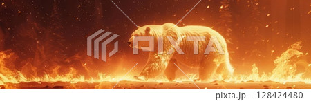 Polar bear running from blaze, focus on, copy space, intense fire colors, Double exposure silhouette with forest flames 128424480