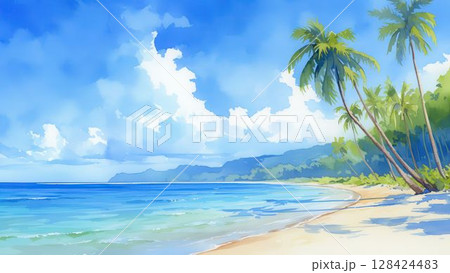ヤシの木と青い海が広がる南国ビーチのイラスト_3 128424483