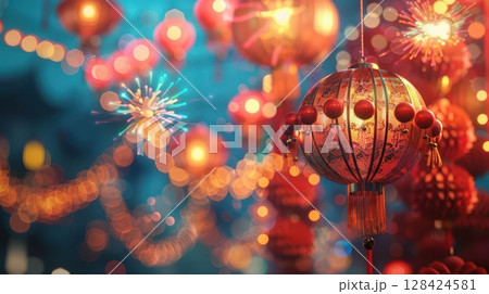 Red lanterns and string lights decorate a festive scene. 128424581