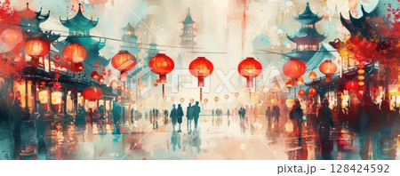 Watercolor painting of a Chinese street scene with red lanterns. Watercolor painting of a Chinese street scene with red lanterns. 128424592