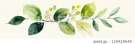 Minimalist watercolor leaf with soft olive and chartreuse tones, isolated on white background, simple and clean composition, fresh and light 128424649