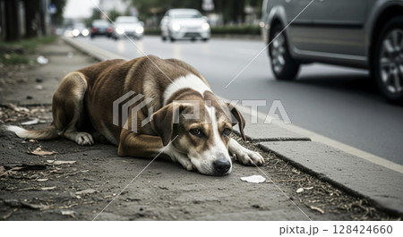 A lonely stray dog lies by a busy street. Life and survival of homeless dogs. 128424660