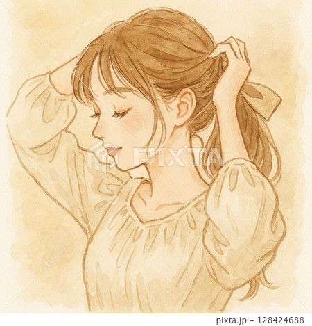 髪を結ぶ　女性　水彩イラスト　背景あり 128424688