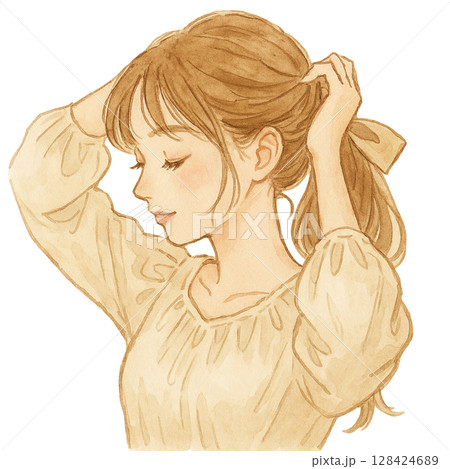 髪を結ぶ　女性　切り抜き　水彩イラスト 128424689