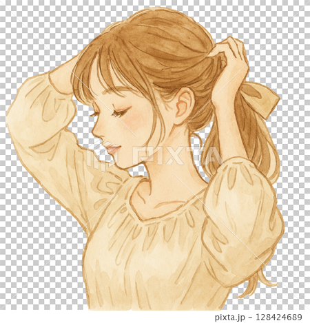 髪を結ぶ　女性　切り抜き　水彩イラスト 128424689