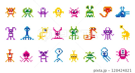 Pixel monsters. Arcade play characters, isolated neon colors space invaders. Vintage 8bit aliens, galaxy invader or virus, neoteric video game vector set 128424821