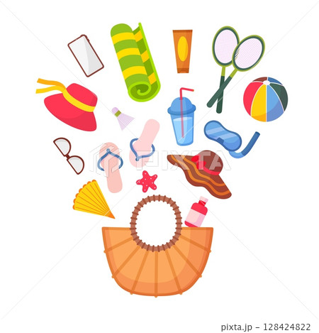 Things for beach bag. Summer rest accessories, different items for sunbathing and coast leisure. Sunscreen, mat, slippers, sunglasses, neoteric vector concept Things for beach bag. Summer rest accessories, different items for sunbathing and coast leisure. Sunscreen, mat, slippers, sunglasses, neoteric vector concept 128424822
