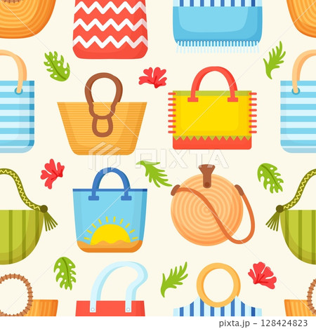 Beach bags seamless pattern. Abstract fashion background with different female summer purses and bag. Fabric print neoteric vector template 128424823