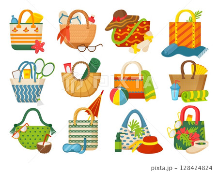 Summer bags for beach. Female accessories for leisure near ocean or sea. Bag with slipper, towel, fan, sunglasses, drink bottle. Neoteric vector clipart 128424824