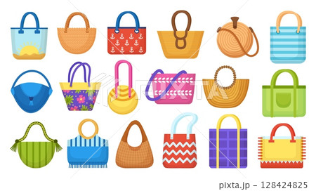 Cartoon beach bags. Isolated summer bag purses icons. Women seasonal accessories, flat design. Sea ocean resting things, neoteric vector set 128424825