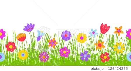 Crayon drawing meadow. Colored pencil green grass with blooming flowers, kids drawing style. Nature seamless pattern, garden neoteric vector design 128424826