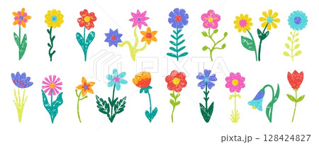 Kids crayon flowers drawing. Simple vibrant hand drawn flower with leaves. Isolated bouquet pencil draw, childish style abstract neoteric vector elements 128424827