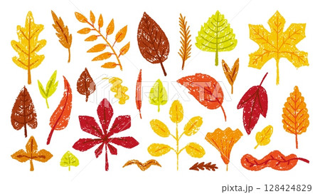 Crayon drawing autumn leaves. Leaf hand drawn colored pencil, seasonal fall plants. Foliage of maple oak birch, forest nature neoteric vector elements Crayon drawing autumn leaves. Leaf hand drawn colored pencil, seasonal fall plants. Foliage of maple oak birch, forest nature neoteric vector elements 128424829