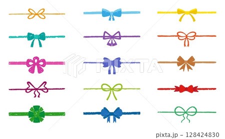 Crayon drawing bows. Doodle gift bow with ribbon, simple presents hand drawn elements. Children art pencil or pastel, celebrating neoteric vector elements 128424830