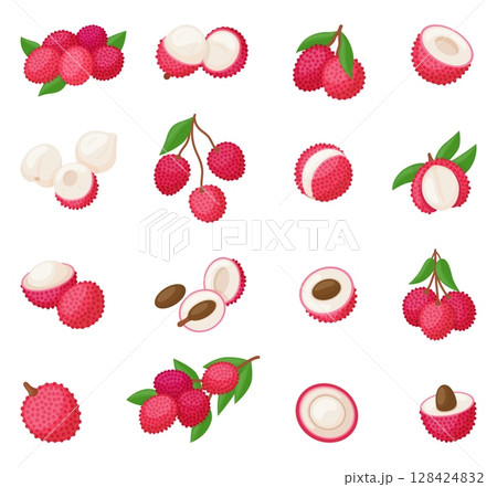 Cartoon lychee. Isolated fruits, lychee icons whole half and cut with bone. Exotic sweet vitamin food, raw ingredients for desserts, neoteric vector clipart 128424832