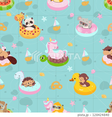 Animal on rubber rings seamless pattern. Funny animals swim on inflatable ring, childish style print for fabric wallpaper wrapping, nowaday vector background Animal on rubber rings seamless pattern. Funny animals swim on inflatable ring, childish style print for fabric wallpaper wrapping, nowaday vector background 128424840