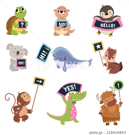 Funny animal hold banner. Cartoon narwhal, crocodile, koala, turtle with positive banners. Isolated wild animals, adorable protesters nowaday vector clipart Funny animal hold banner. Cartoon narwhal, crocodile, koala, turtle with positive banners. Isolated wild animals, adorable protesters nowaday vector clipart 128424843