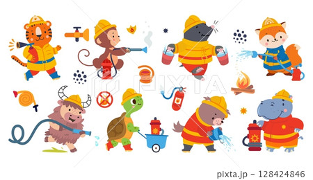 Fireman animals. Cute cartoon animal hold emergency hose and buckets, fire extinguisher, hydrant elements. Rescue team nowaday vector clipart 128424846