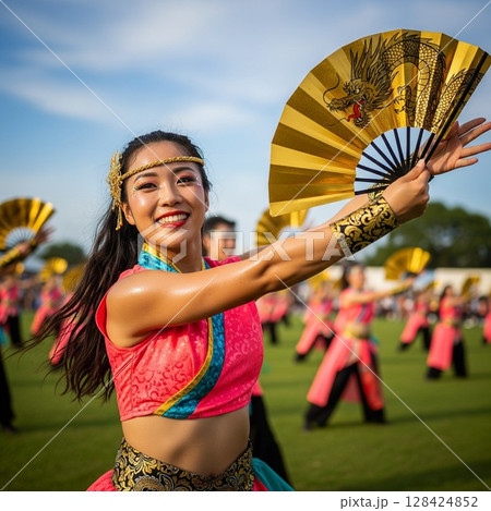 よさこい祭りで龍の絵の金の扇子を持ってダイナミックに踊る女性の踊り子 祭り,よさこい祭り 128424852