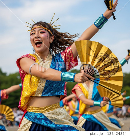 よさこい祭りで龍の絵の金の扇子を持ってダイナミックに踊る女性の踊り子 祭り,よさこい祭り 128424854