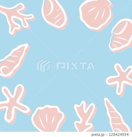 トロピカルな水色背景に貝と珊瑚とヒトデを周囲にあしらったスクエアフレーム画像 128424934