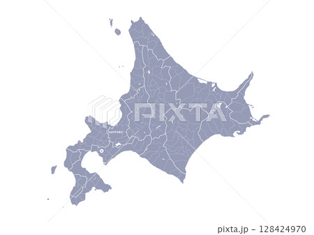 グレー色の北海道の行政区分付き地図 128424970