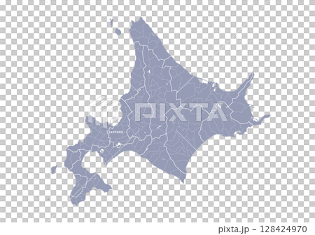 グレー色の北海道の行政区分付き地図 128424970
