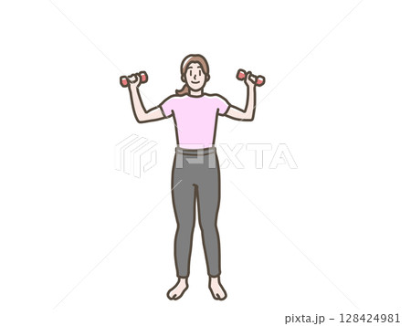 ダンベル体操をする女性のイラスト ダンベル体操をする女性のイラスト 128424981