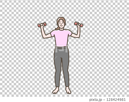 ダンベル体操をする女性のイラスト ダンベル体操をする女性のイラスト 128424981