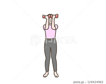 ダンベル体操をする女性のイラスト 128424982