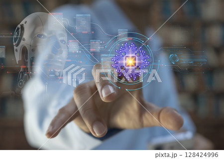 User concept using intelligent robot ai system. Chat with artificial intelligence. AI develops and creates future technology robots in the online world. Industry 5.0 User concept using intelligent robot ai system. Chat with artificial intelligence. AI develops and creates future technology robots in the online world. Industry 5.0 128424996