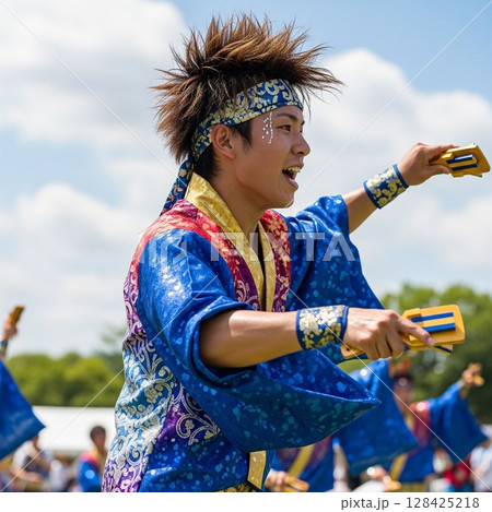 よさこい祭りで鳴子を持って力強く若い踊る男性の踊り子 ほとばしる汗とみなぎる若さ 髪を振り乱して踊る 128425218