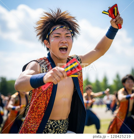 よさこい祭りで鳴子を持って力強く若い踊る男性の踊り子 ほとばしる汗とみなぎる若さ 髪を振り乱して踊る 128425219