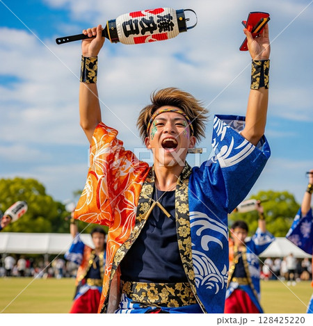 よさこい祭りで鳴子を持って力強く若い踊る男性の踊り子 ほとばしる汗とみなぎる若さ 髪を振り乱して踊る 128425220
