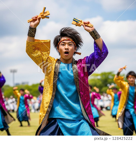 よさこい祭りで鳴子を持って力強く若い踊る男性の踊り子 ほとばしる汗とみなぎる若さ 髪を振り乱して踊る 128425222