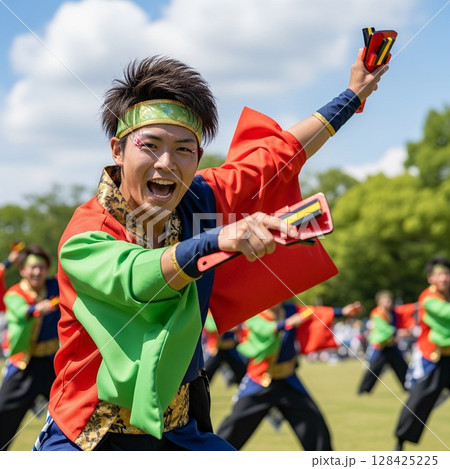 よさこい祭りで鳴子を持って力強く若い踊る男性の踊り子 ほとばしる汗とみなぎる若さ 髪を振り乱して踊る 128425225